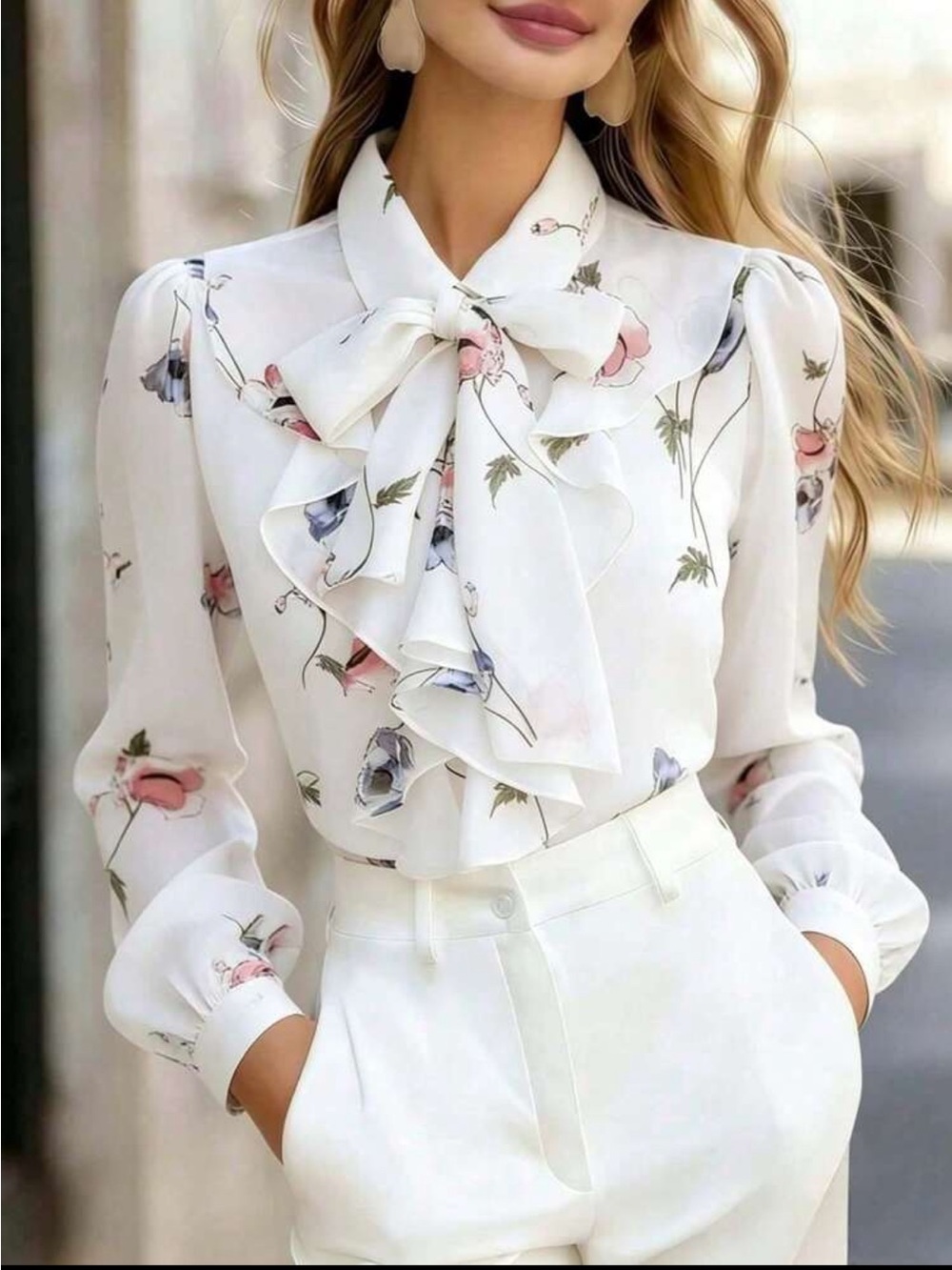 Elegant White Floral Ruffle Tie Neck Button Down Up Shirt Top Blouse